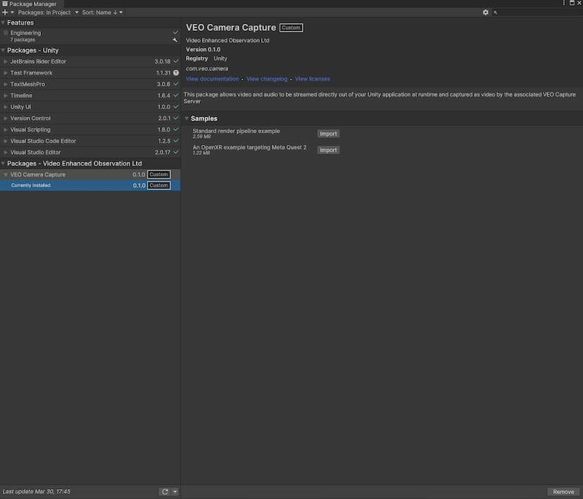 Veo Camera Capture package in unity package manager