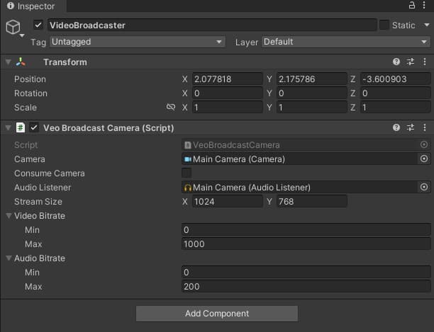 VeoBroadcastCamera in the Unity inspector window